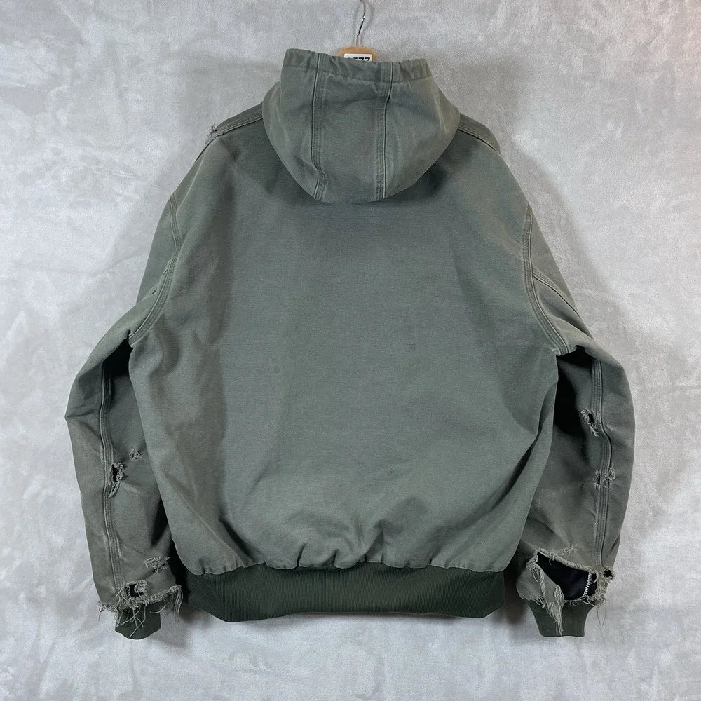 Vtg Carhartt Hooded Active Jacket Mens 2XL J208 MOS Green Distressed Sun Faded